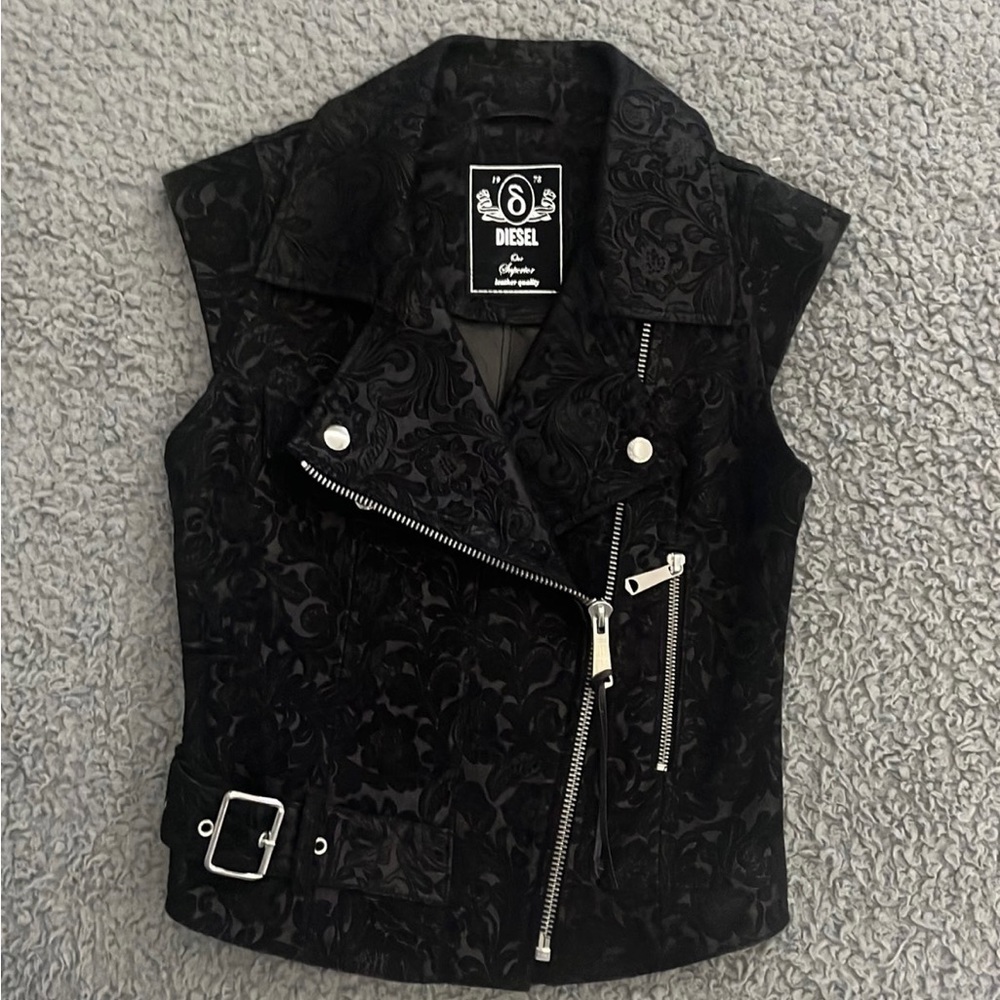 Diesel Black Tooled Leather Motorcycle Vest XS/S New